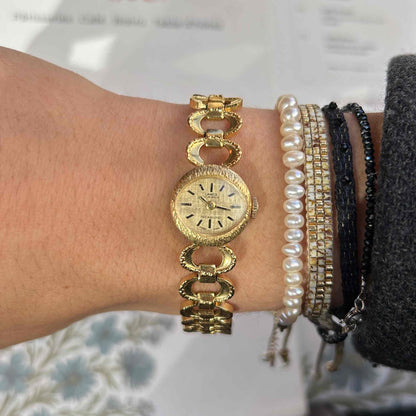 Lanco Cocktail Watch: Mid-Century Ladies 60s Mechanical Gold Linen Dial