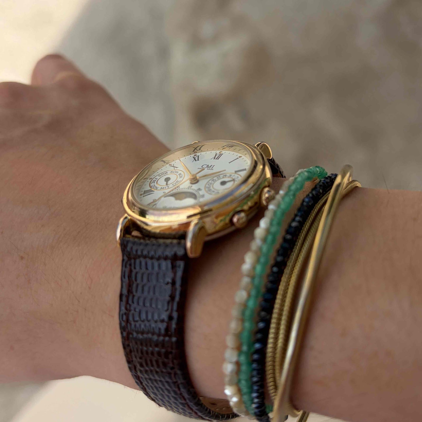 CMI Moon Phase Watch: Ladies 90s Gold Roman Numerals Blue Day Date