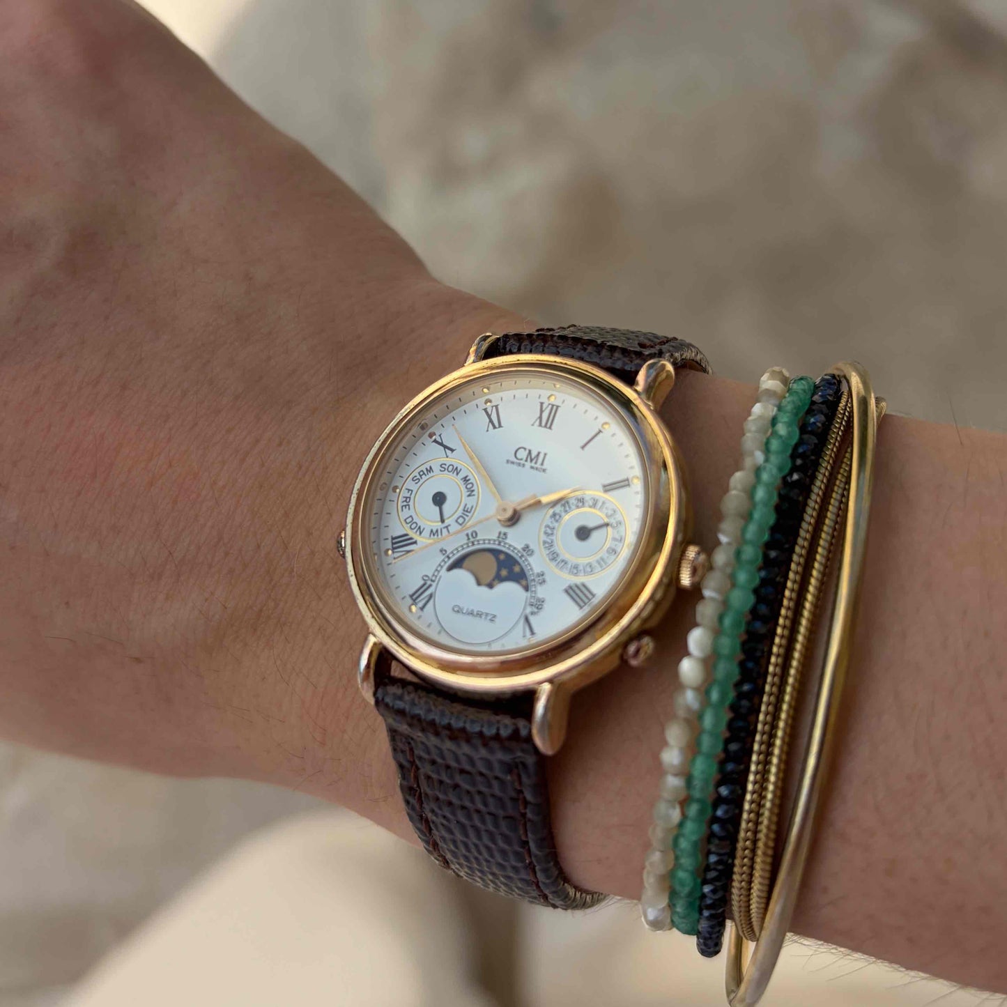 CMI Moon Phase Watch: Ladies 90s Gold Roman Numerals Blue Day Date