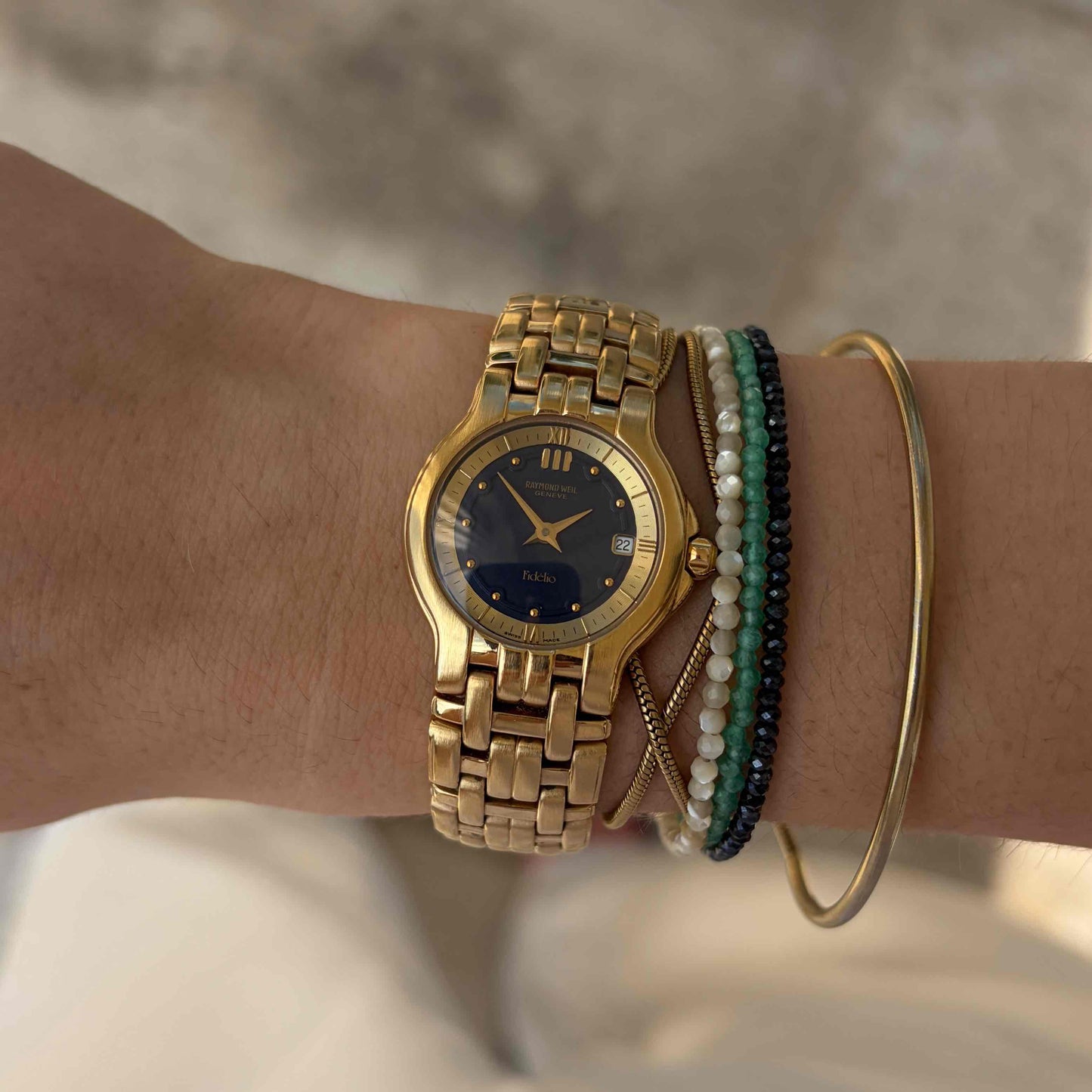 Raymond Weil Fidelio: Vintage Ladies 90s Gold Blue Dial Cabochon Crown