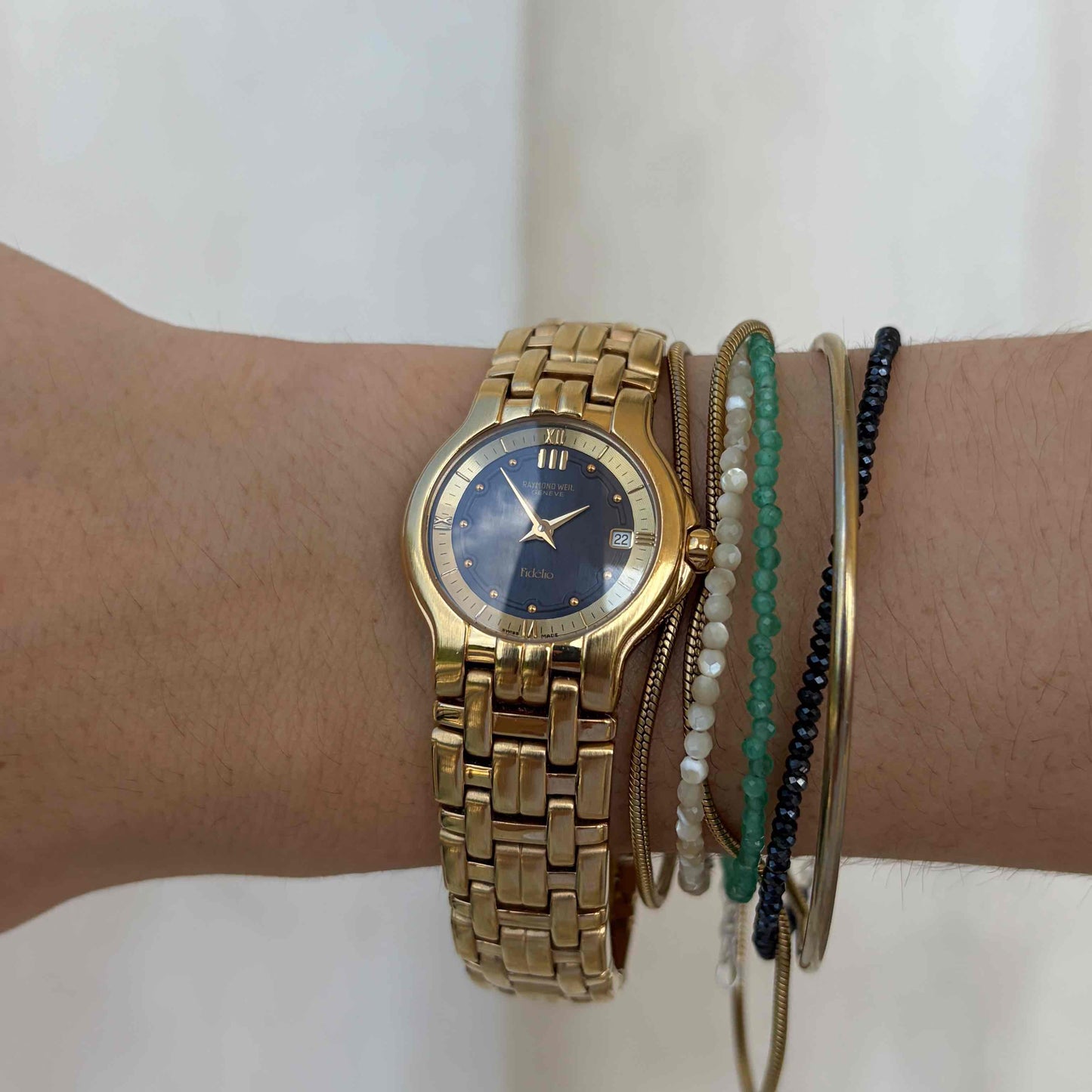 Raymond Weil Fidelio: Vintage Ladies 90s Gold Blue Dial Cabochon Crown