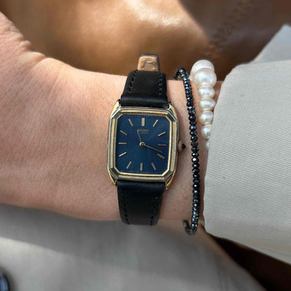 Seiko Vintage Tank: Ladies Watch 80s Gold with Blue Sunburst Dial