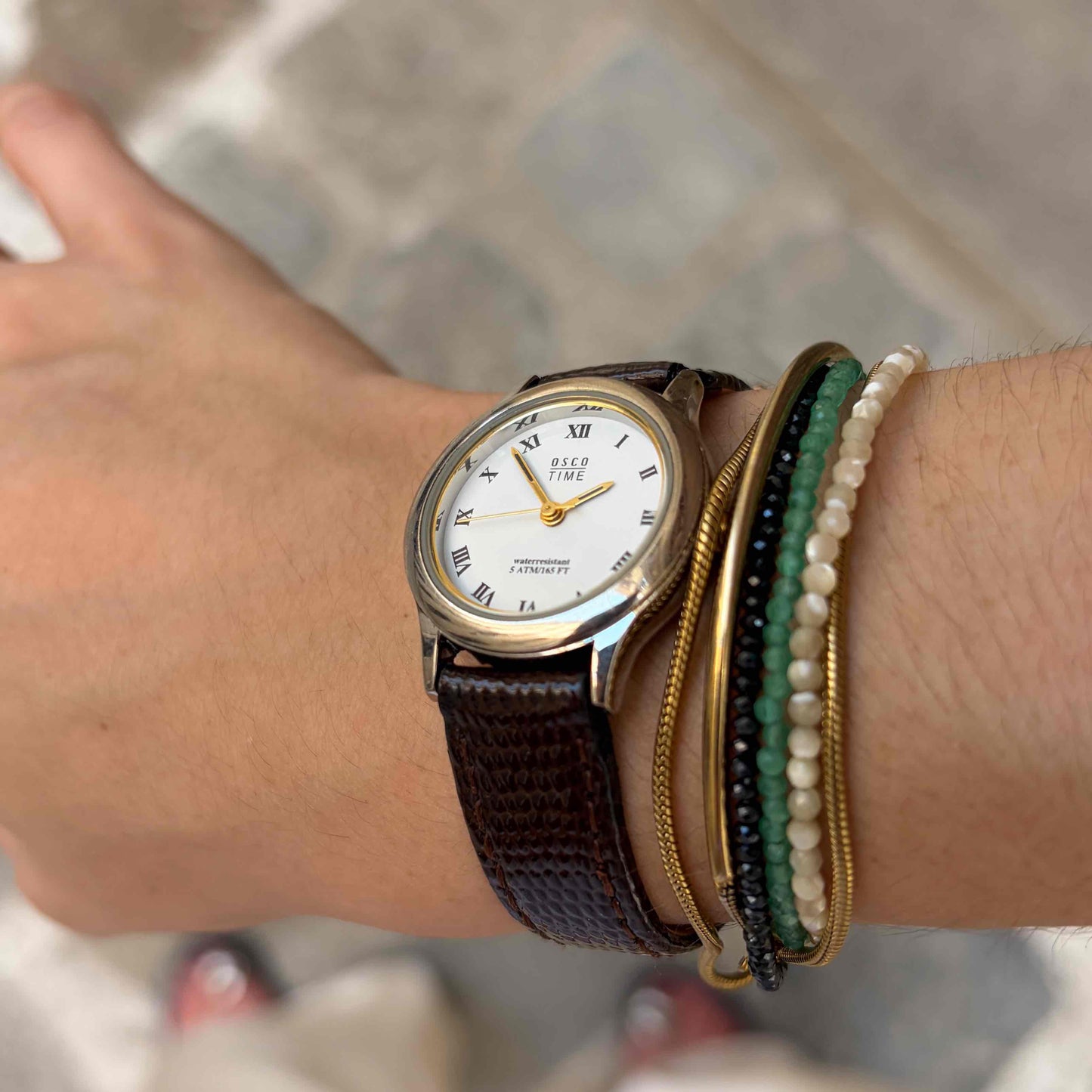 Osco Dainty Watch: Vintage Ladies 80s Golden Two-Tone White Roman Dial