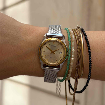 Citizen WR50 Watch: Ladies Vintage 90s Light Champagne Dial Mesh Bracelet