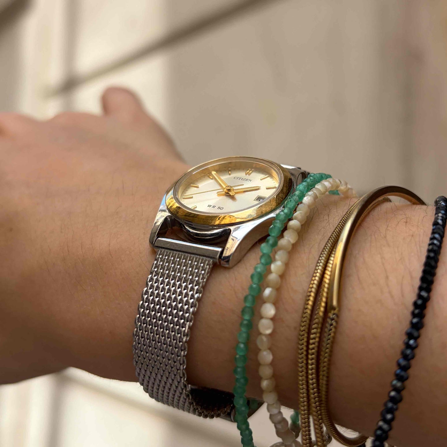 Citizen WR50 Watch: Ladies Vintage 90s Light Champagne Dial Mesh Bracelet