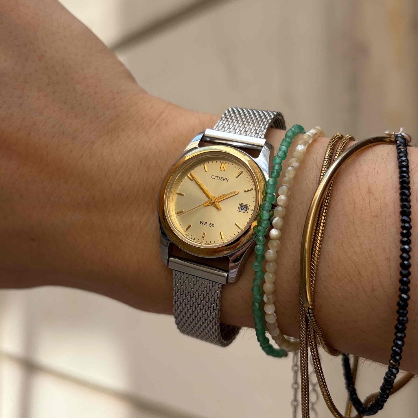 Citizen WR50 Watch: Ladies Vintage 90s Light Champagne Dial Mesh Bracelet