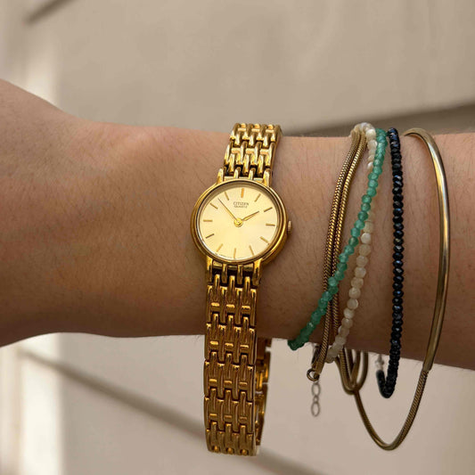 Citizen Cocktail Watch: 90s Dainty Ladies Golden Sunburst Dial with Box