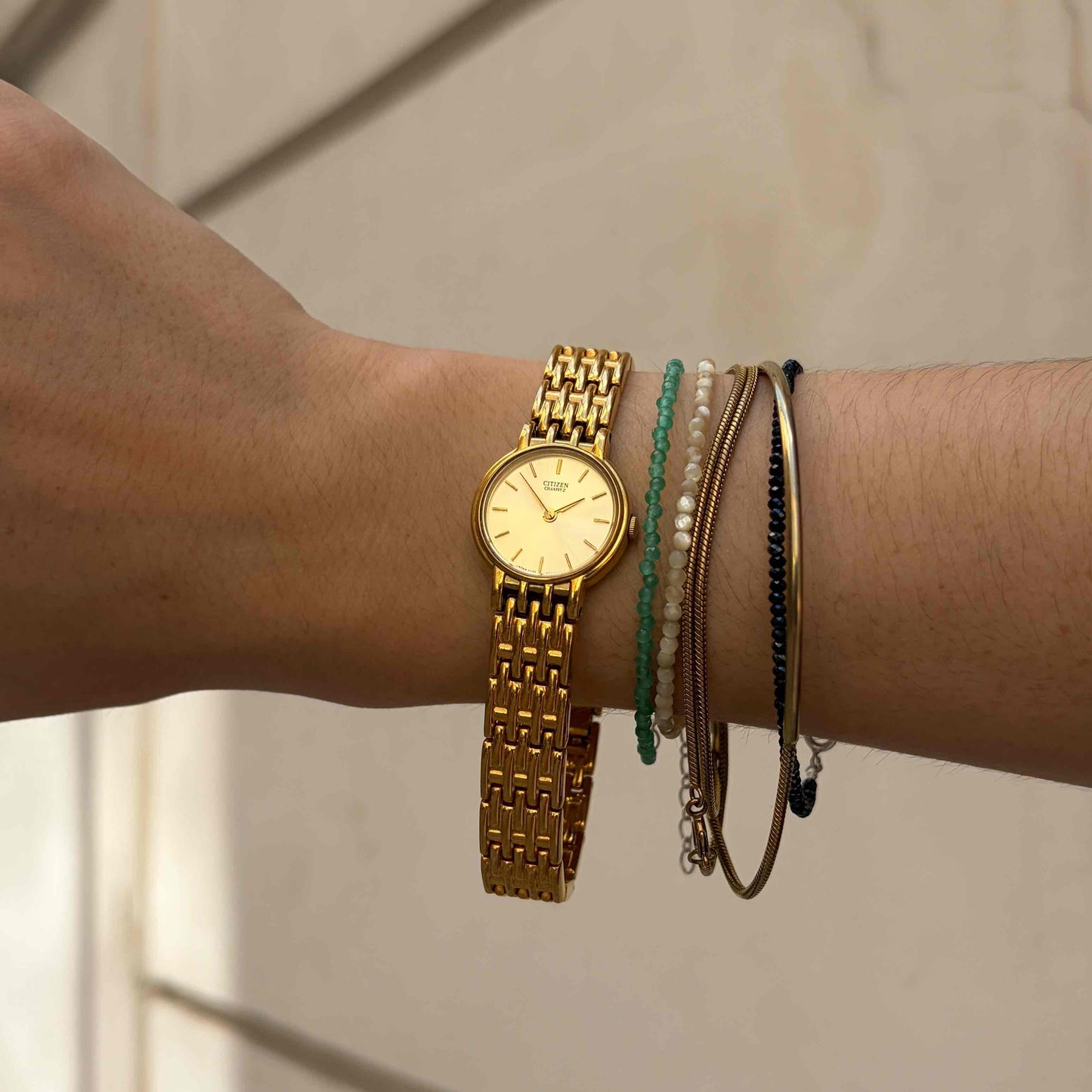 Citizen Cocktail Watch: 90s Dainty Ladies Golden Sunburst Dial with Box