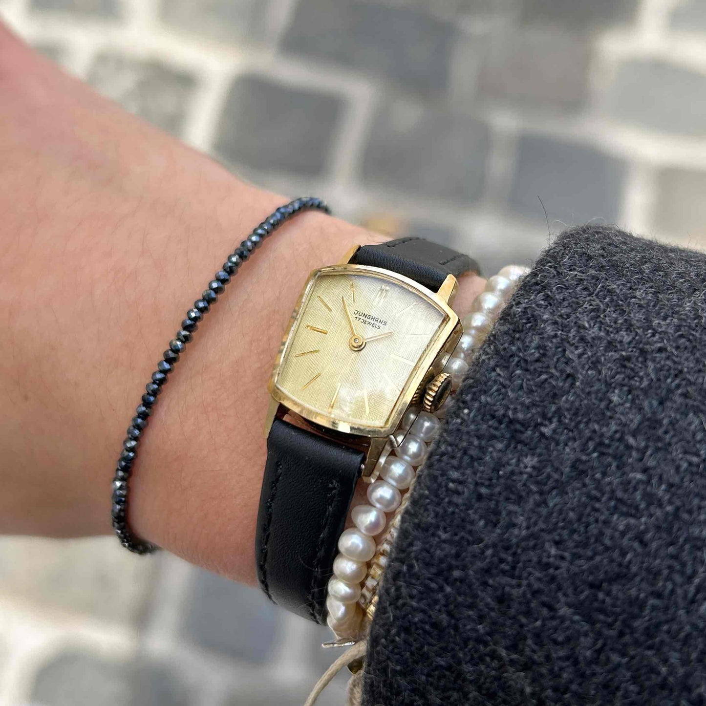 Junghans Cocktail Watch: Vintage Ladies 70s Gold Linen Dial Mechanical