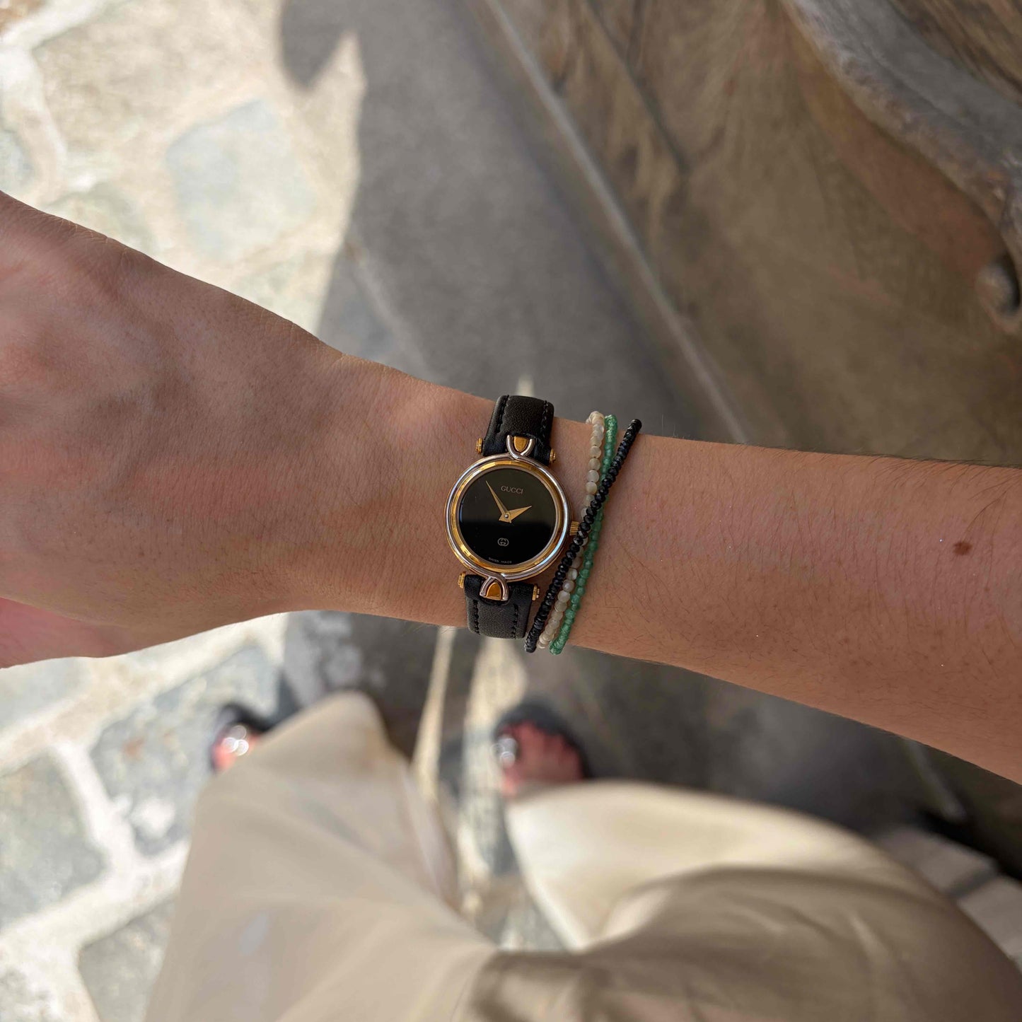 Vintage Gucci 4500L: Ladies Watch: 90s Gold Two-Tone Glossy Black Dial