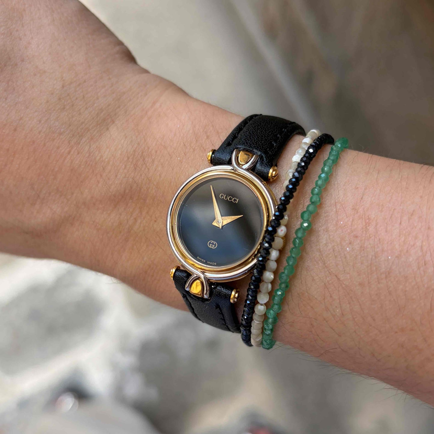 Vintage Gucci 4500L: Ladies Watch: 90s Gold Two-Tone Glossy Black Dial