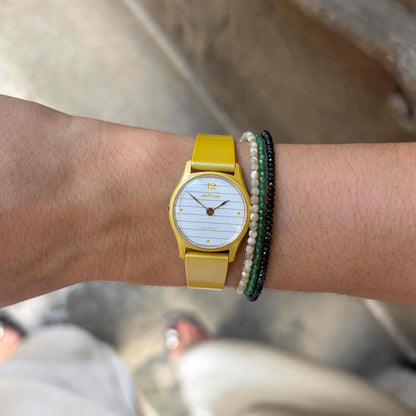 Pratina Ladies Watch: Dainty 80s Bright Yellow with White Dial - NOS