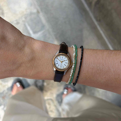 Mamaco Dainty Watch: Ladies 90s Two-Tone Gold Fluted Bezel with White Dial