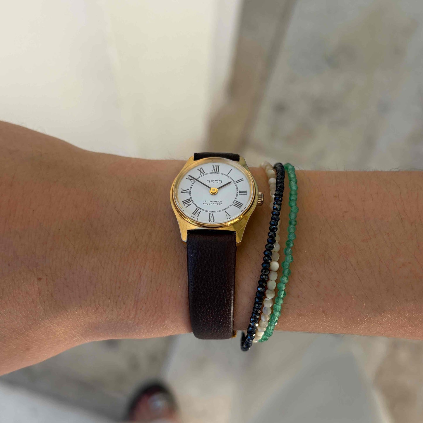 Osco Dainty Watch: Vintage Ladies 80s Mechanical Golden White Roman Dial