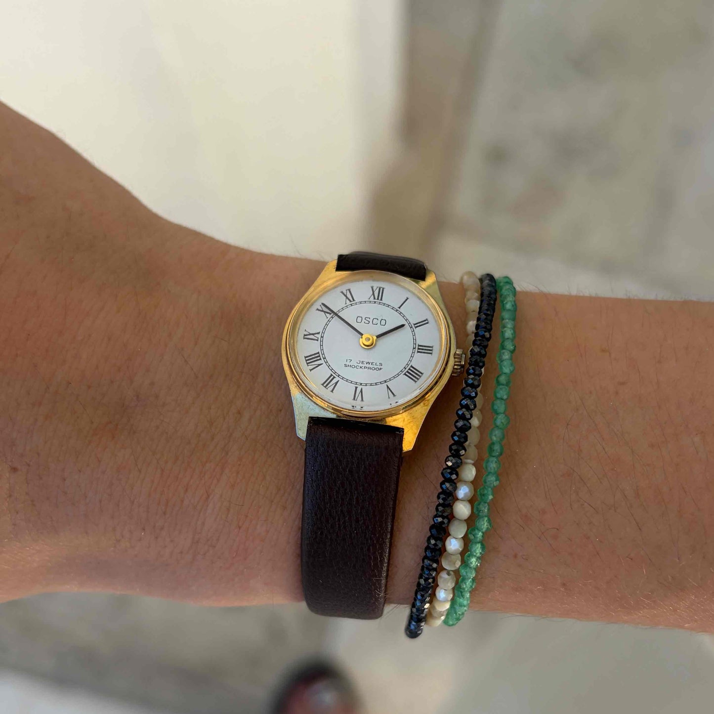 Osco Dainty Watch: Vintage Ladies 80s Mechanical Golden White Roman Dial