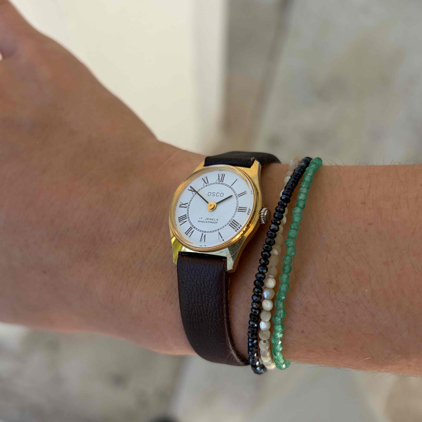 Osco Dainty Watch: Vintage Ladies 80s Mechanical Golden White Roman Dial