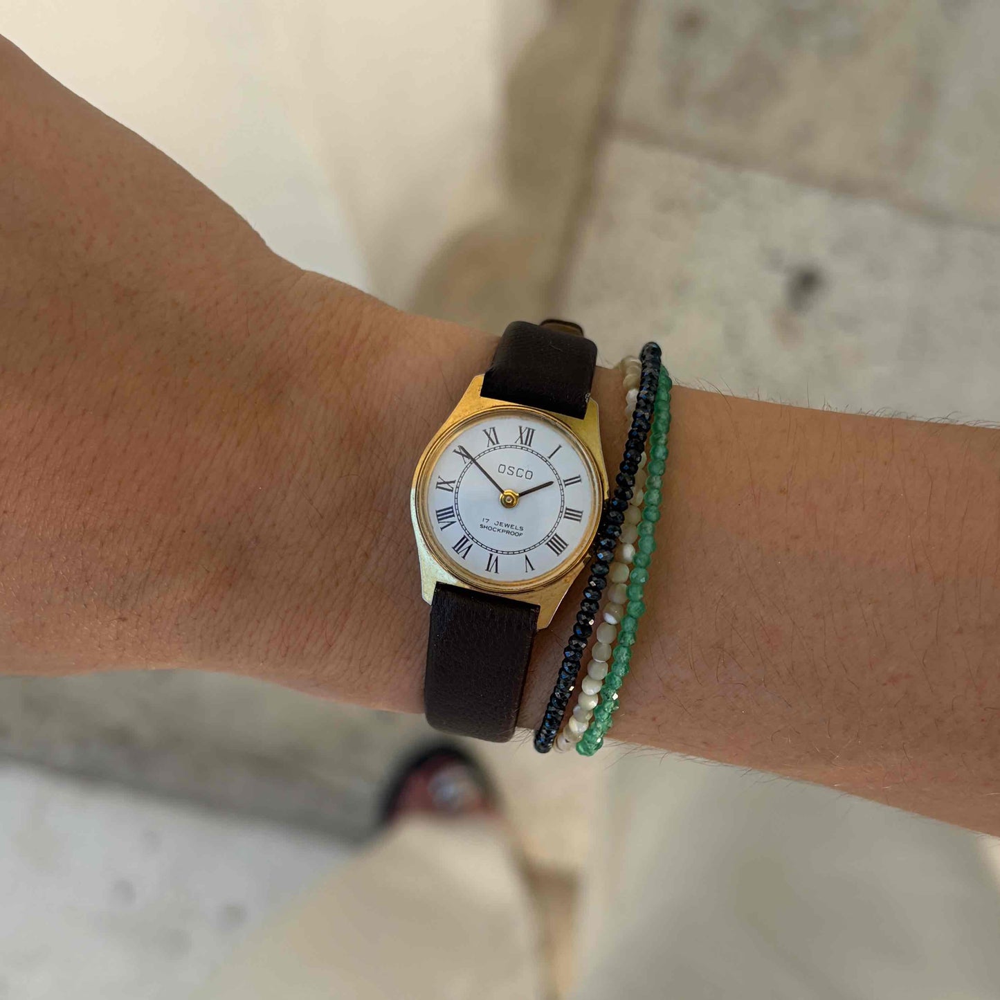 Osco Dainty Watch: Vintage Ladies 80s Mechanical Golden White Roman Dial