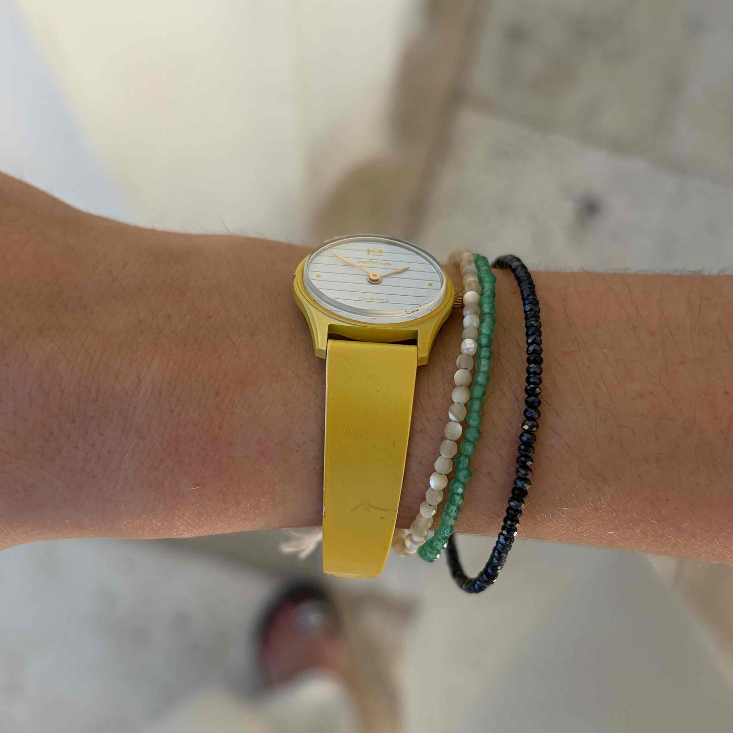 Pratina Ladies Watch: Dainty 80s Bright Yellow with White Dial - NOS