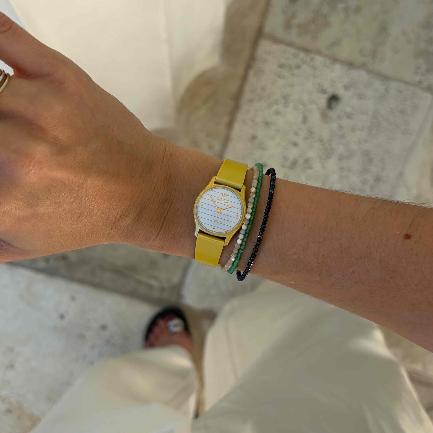 Pratina Ladies Watch: Dainty 80s Bright Yellow with White Dial - NOS