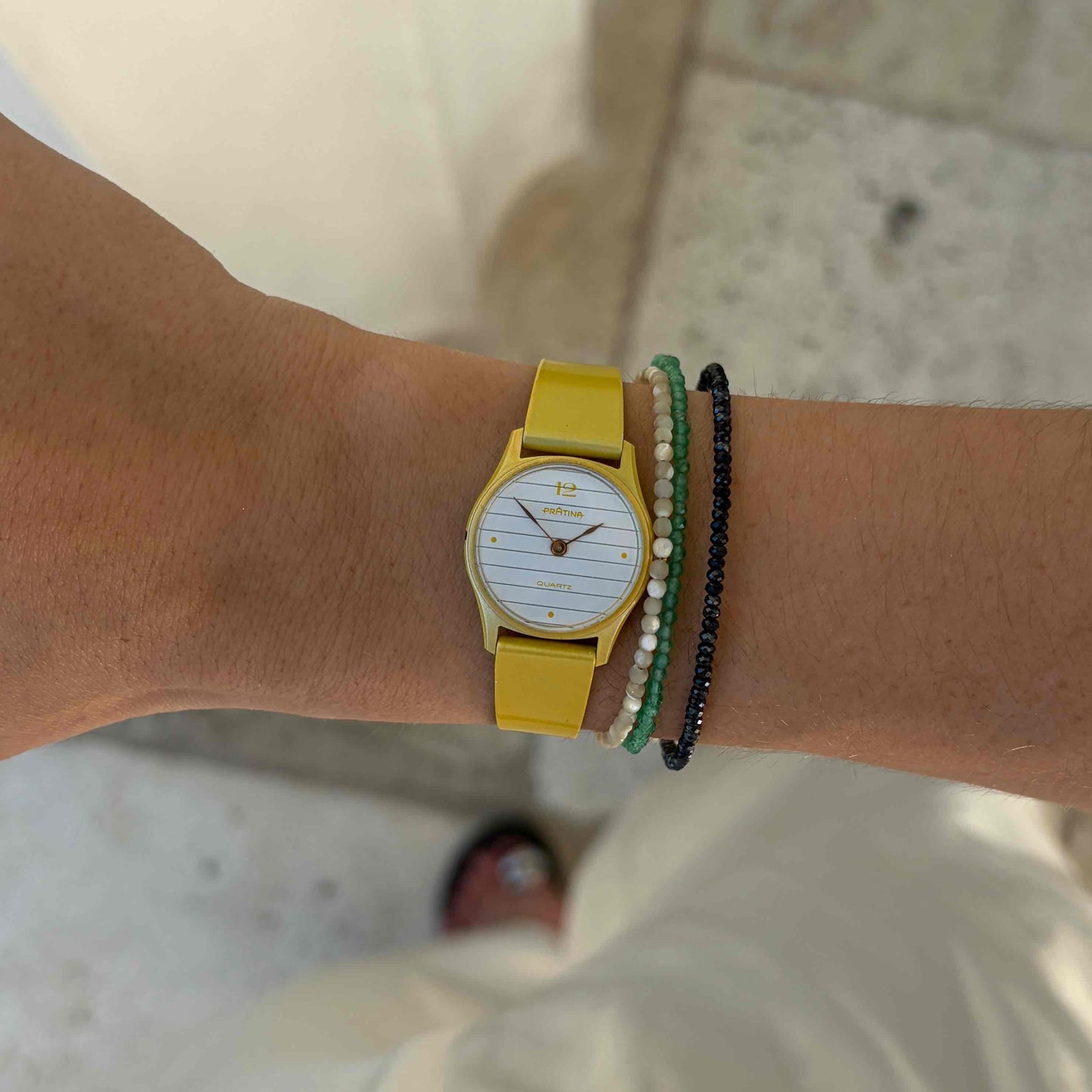 Pratina Ladies Watch: Dainty 80s Bright Yellow with White Dial - NOS