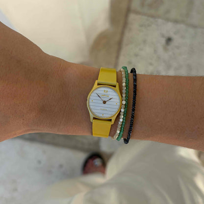 Pratina Ladies Watch: Dainty 80s Bright Yellow with White Dial - NOS