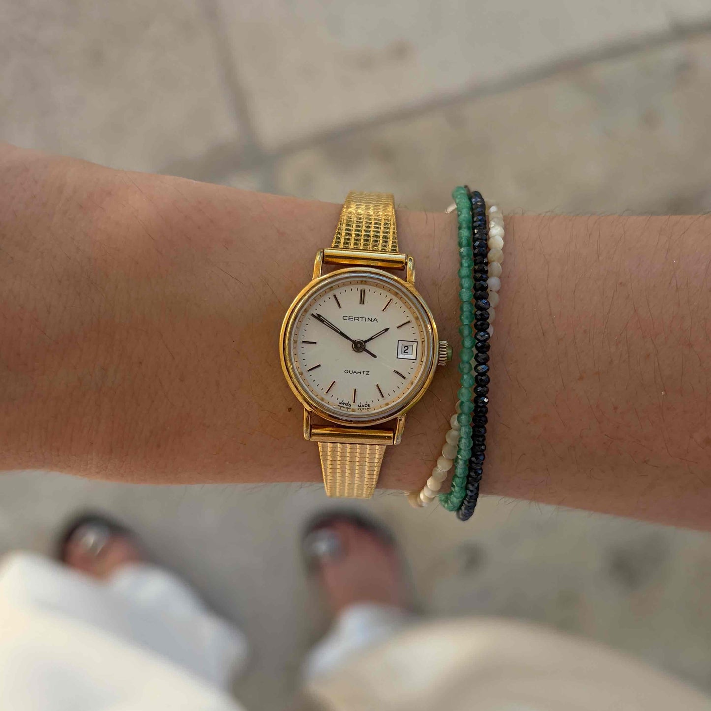 Certina Cocktail Watch: Ladies Dainty 90s Gold White Sunburst Dial with Date