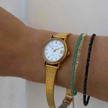 Certina Cocktail Watch: Ladies Dainty 90s Gold White Sunburst Dial with Date