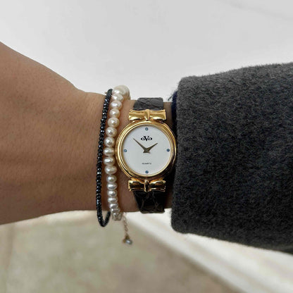 Ovo Vintage Watch: Petite Ladies Golden Watch 80s Blue Diamonds - NOS