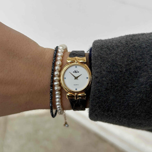 Ovo Vintage Watch: Petite Ladies Golden Watch 80s Blue Diamonds - NOS