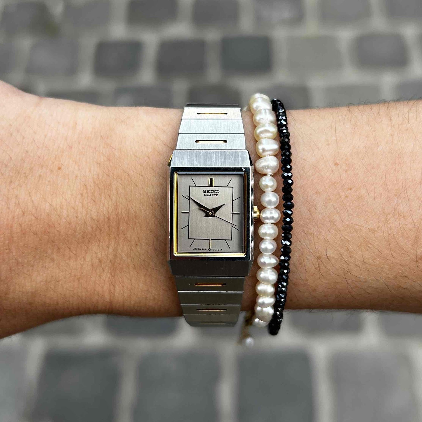 Seiko Dainty Tank Watch: Ladies Vintage 80s Two-Tone Gray and Gold Dial