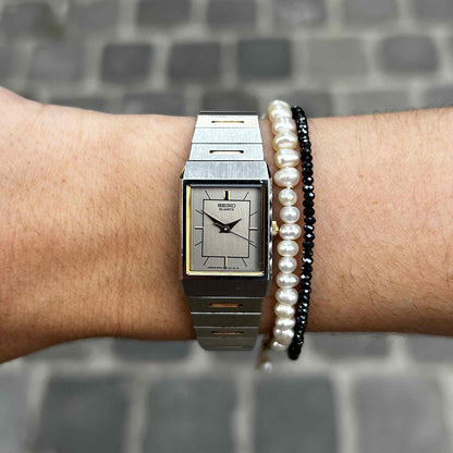 Seiko Dainty Tank Watch: Ladies Vintage 80s Two-Tone Gray and Gold Dial