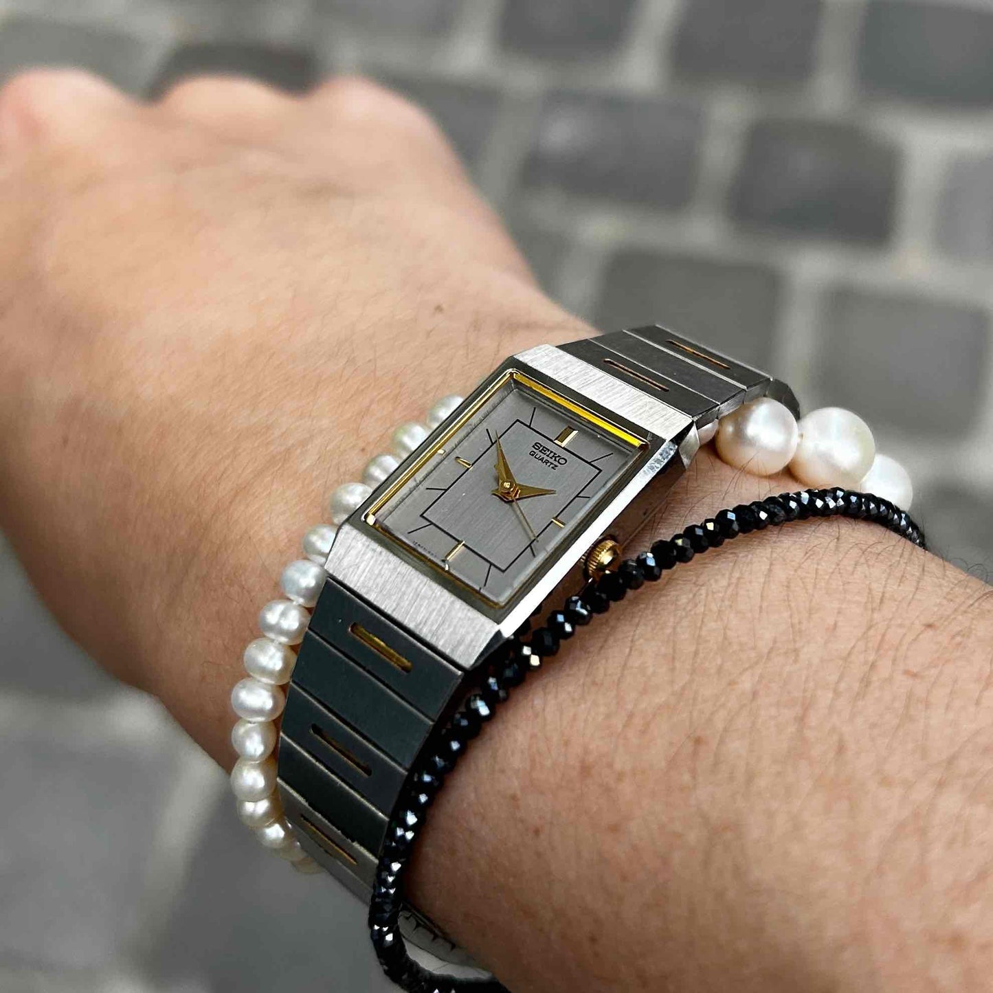 Seiko Dainty Tank Watch: Ladies Vintage 80s Two-Tone Gray and Gold Dial