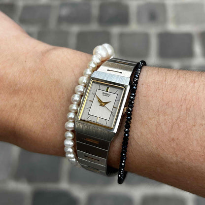Seiko Dainty Tank Watch: Ladies Vintage 80s Two-Tone Gray and Gold Dial