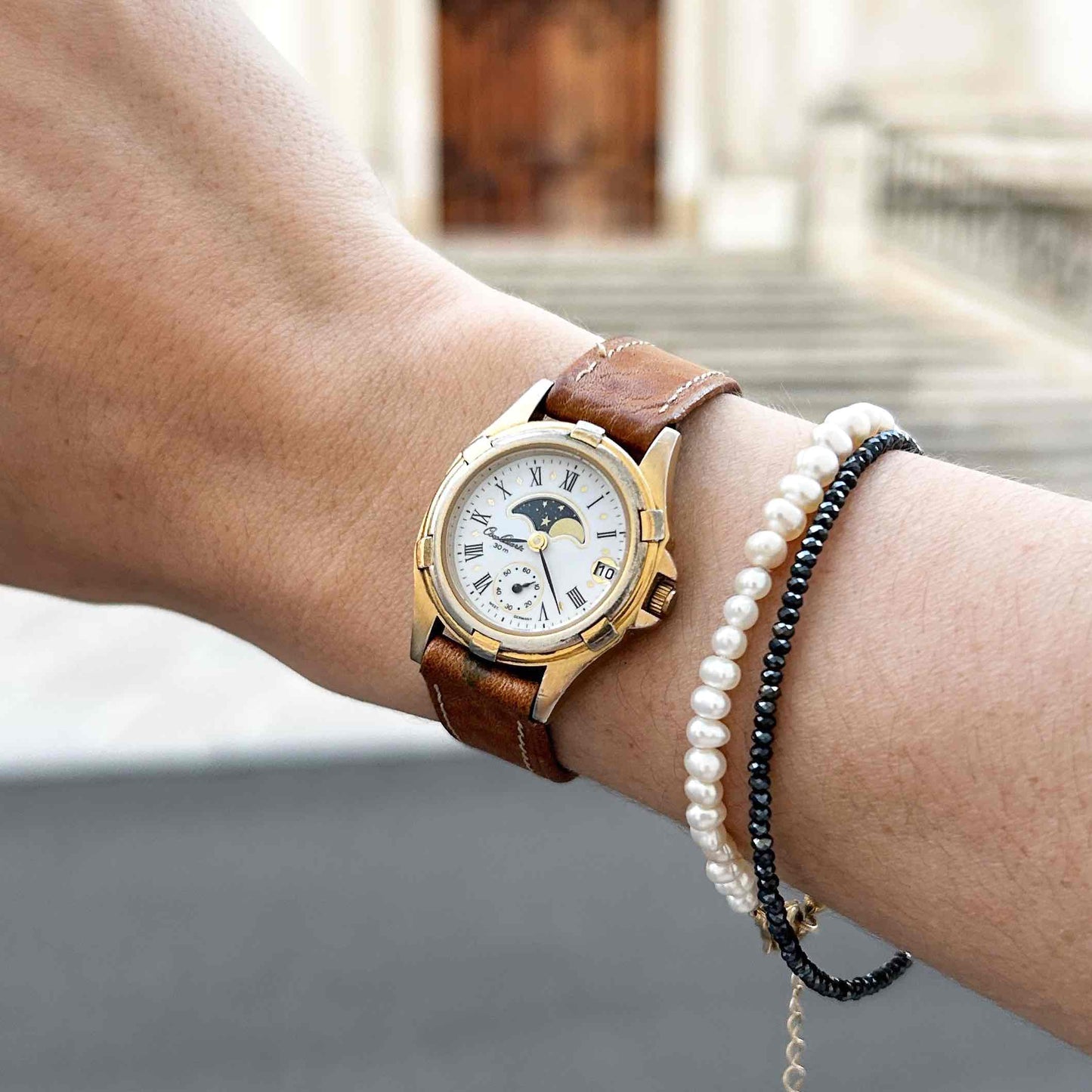 Osco Moon Phase Watch: Ladies 90s Gold with Roman Numerals Blue White Dial