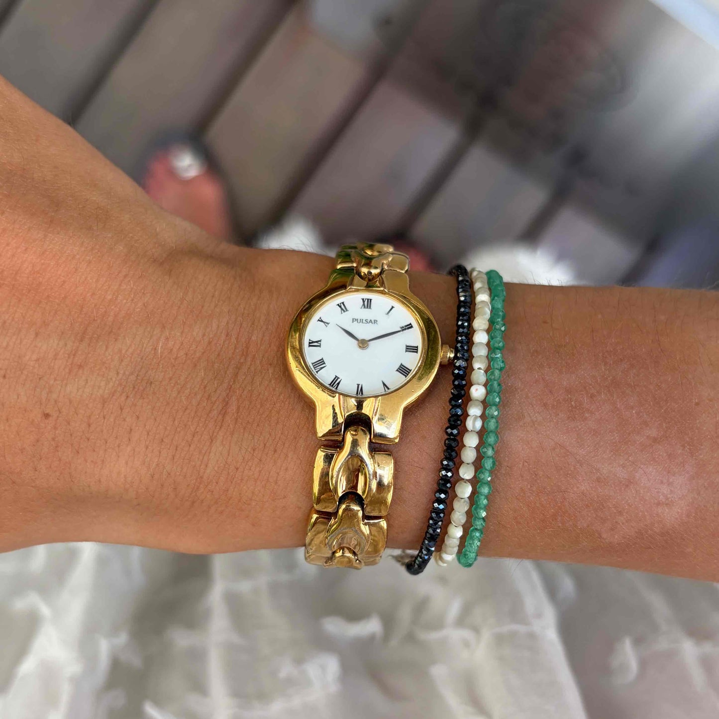 Pulsar by Seiko Cocktail Watch: Vintage Ladies 80s Golden with White Roman Dial