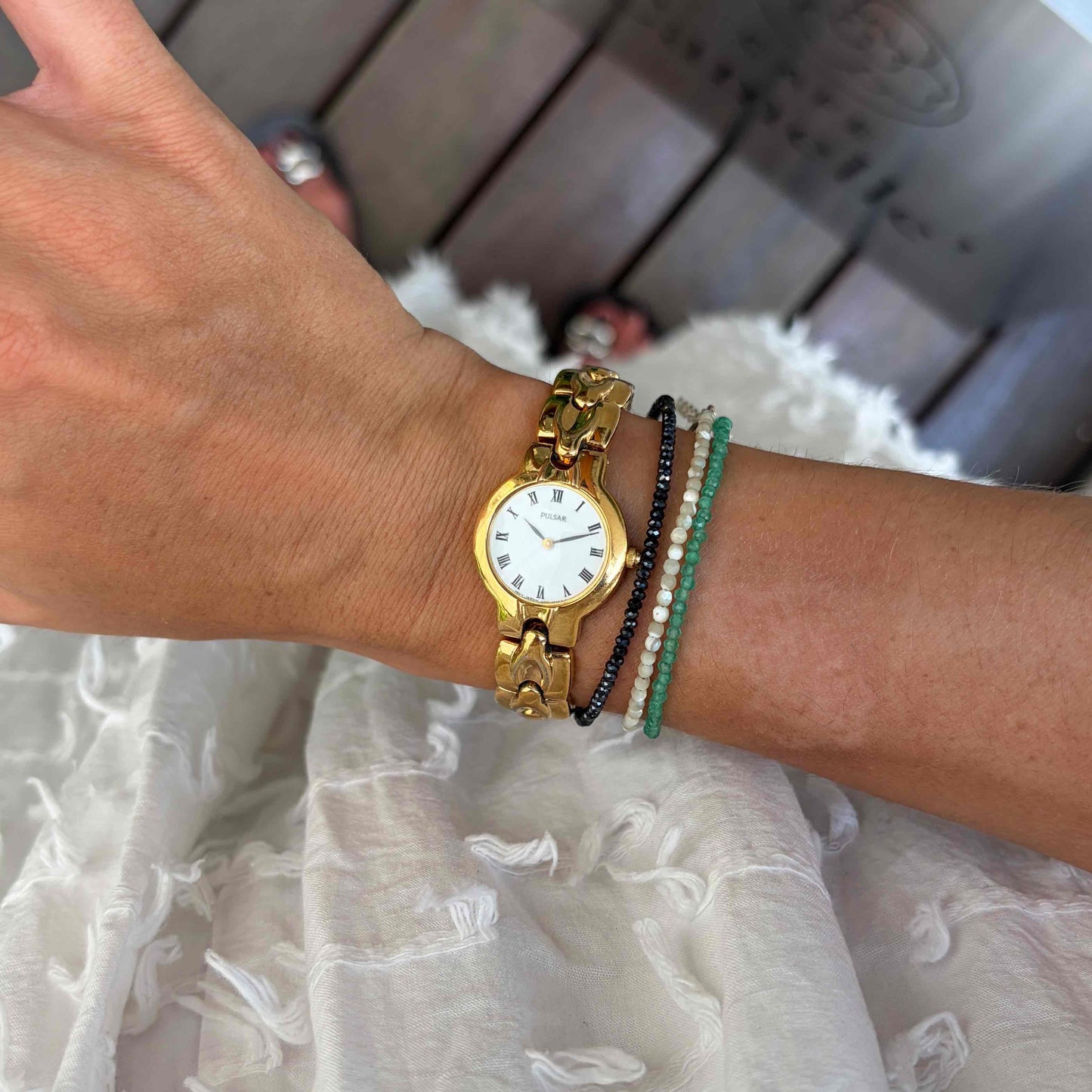 Pulsar by Seiko Cocktail Watch: Vintage Ladies 80s Golden with White Roman Dial