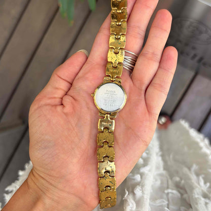Pulsar by Seiko Cocktail Watch: Vintage Ladies 80s Golden with White Roman Dial