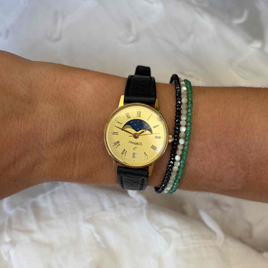 Regent Moon Phase Watch: Ladies 80s Gold with Roman Numerals Blue Gold Dial