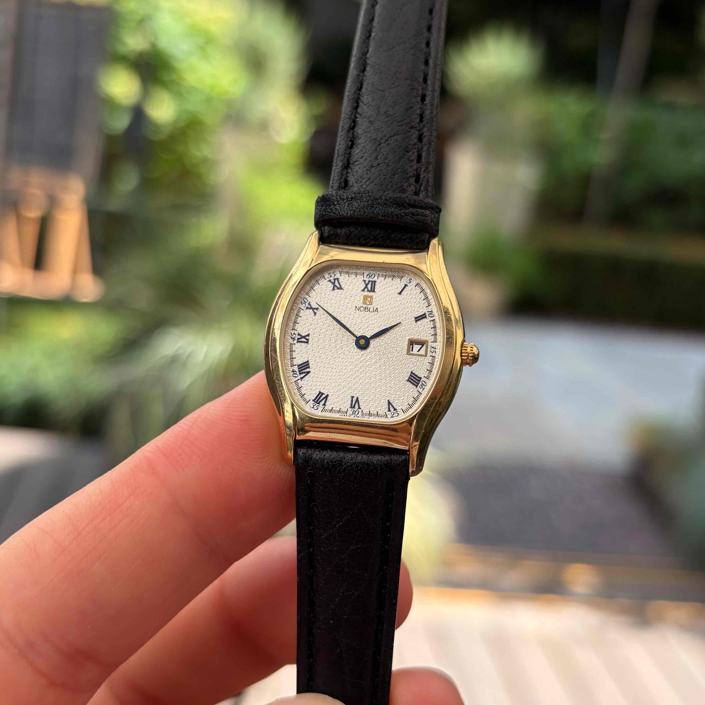 Citizen Noblia Watch: Vintage Tonneau Case 80s White Structured Guilloche Dial