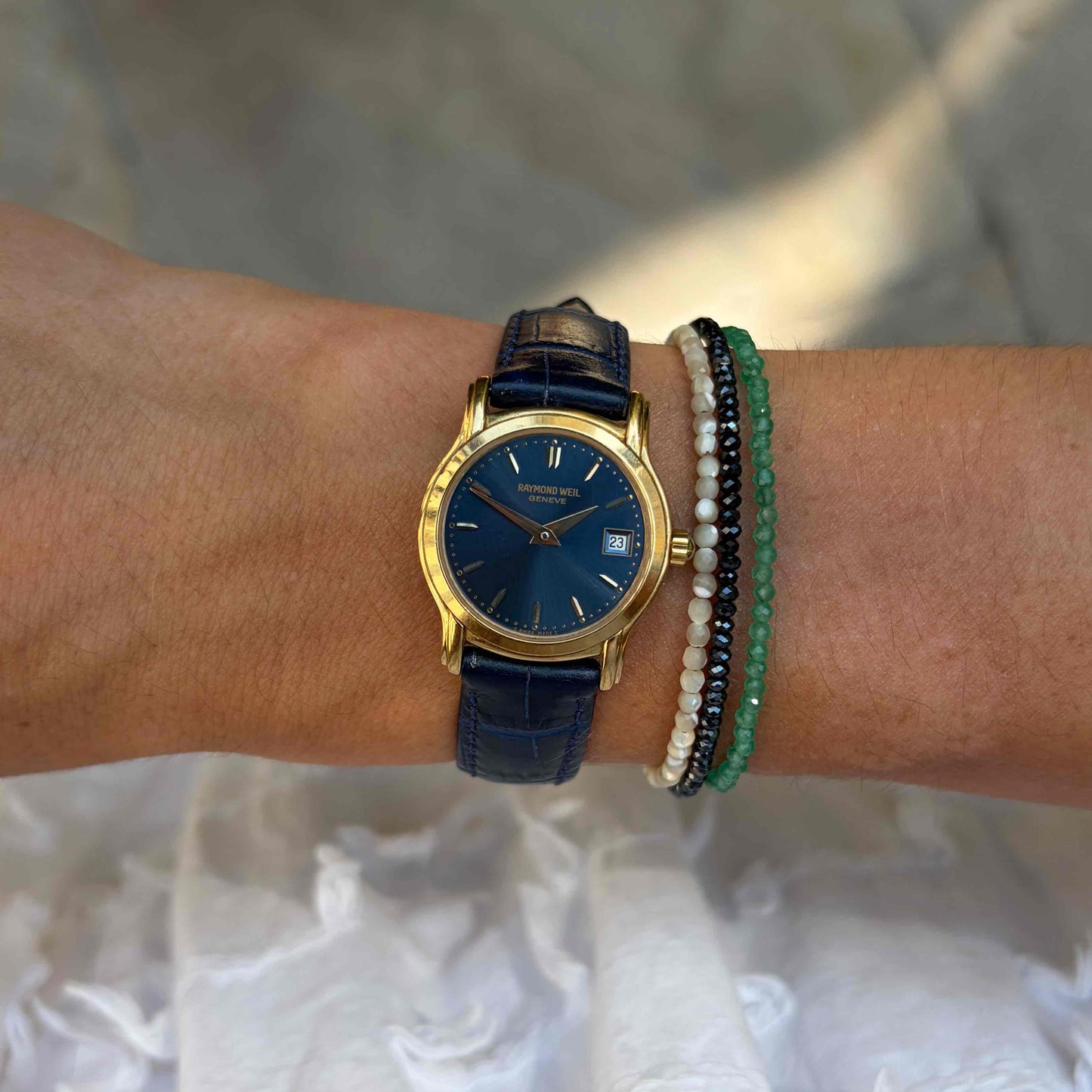 Raymond Weil Watch: Vintage Ladies 90s Golden Blue Sunburst Dial
