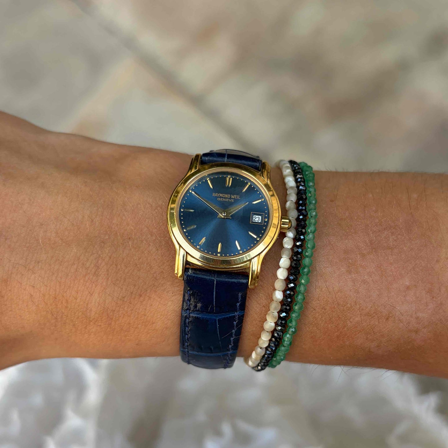 Raymond Weil Watch: Vintage Ladies 90s Golden Blue Sunburst Dial