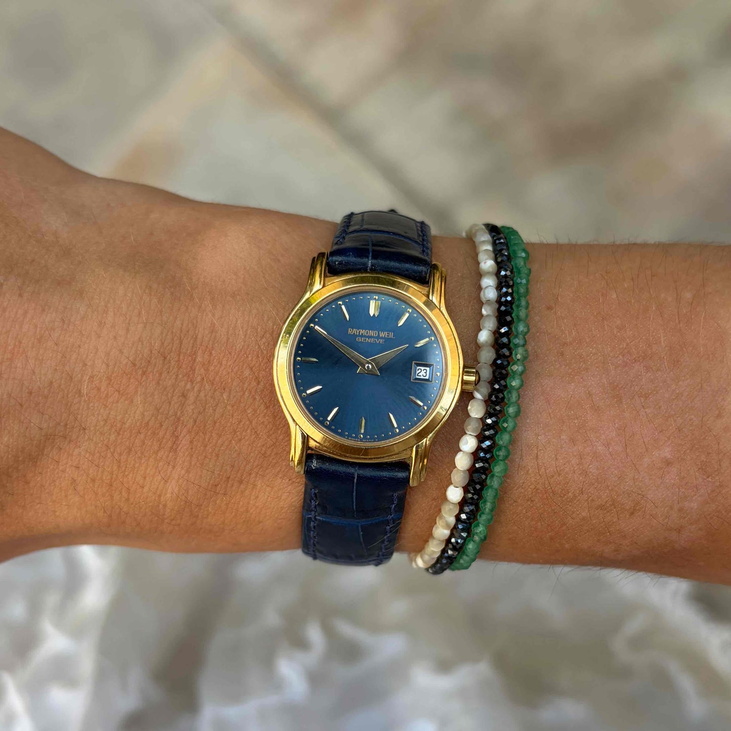 Raymond Weil Watch: Vintage Ladies 90s Golden Blue Sunburst Dial