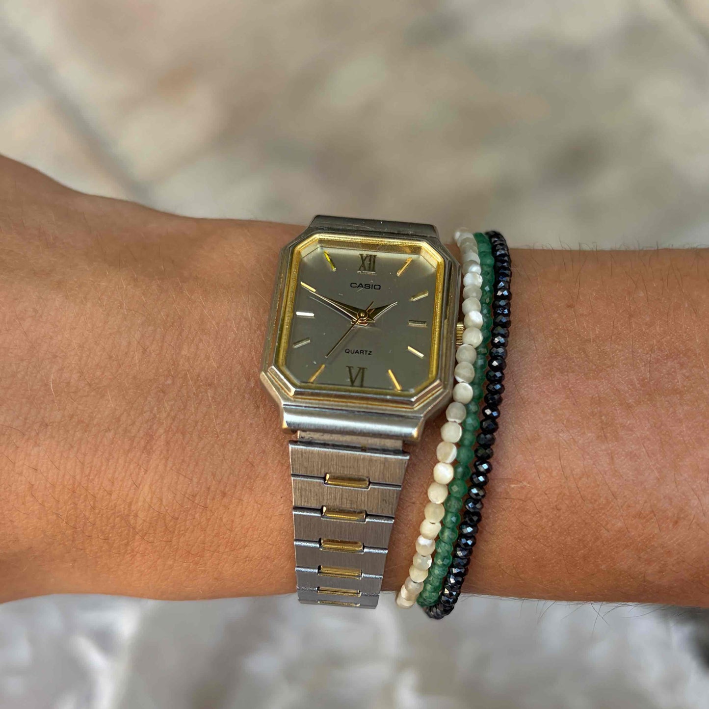 Casio Tank Watch: Vintage Dainty Ladies 80s Two-Tone Gray Roman Dial
