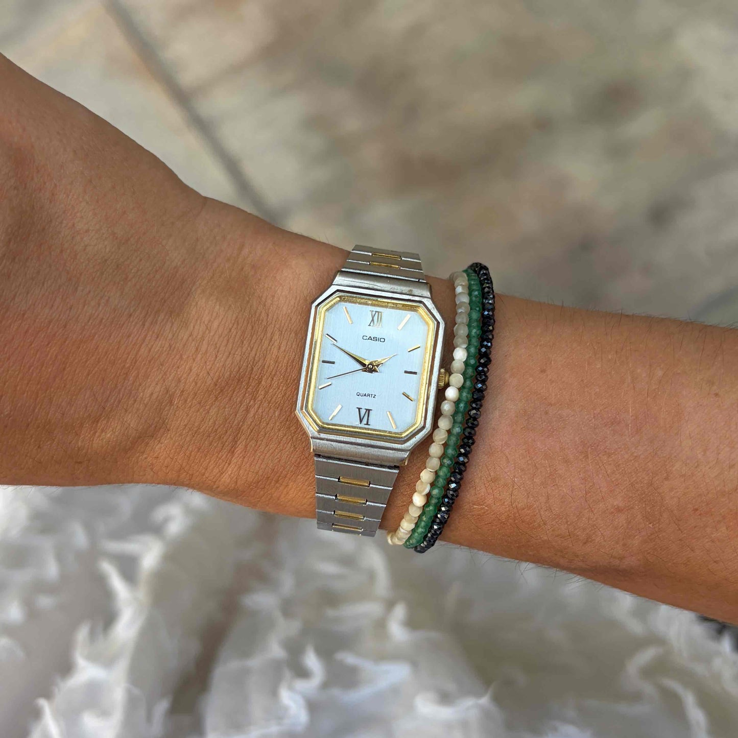 Casio Tank Watch: Vintage Dainty Ladies 80s Two-Tone Gray Roman Dial
