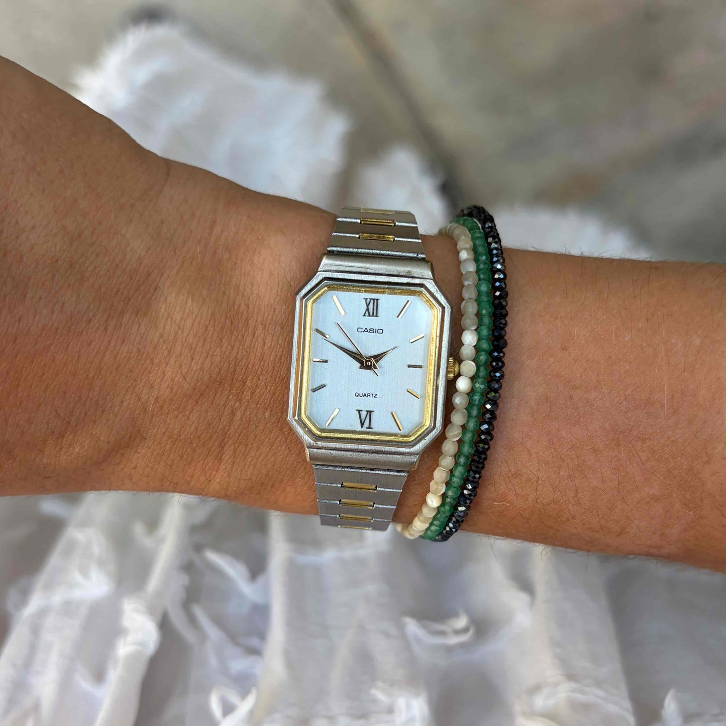Casio Tank Watch: Vintage Dainty Ladies 80s Two-Tone Gray Roman Dial