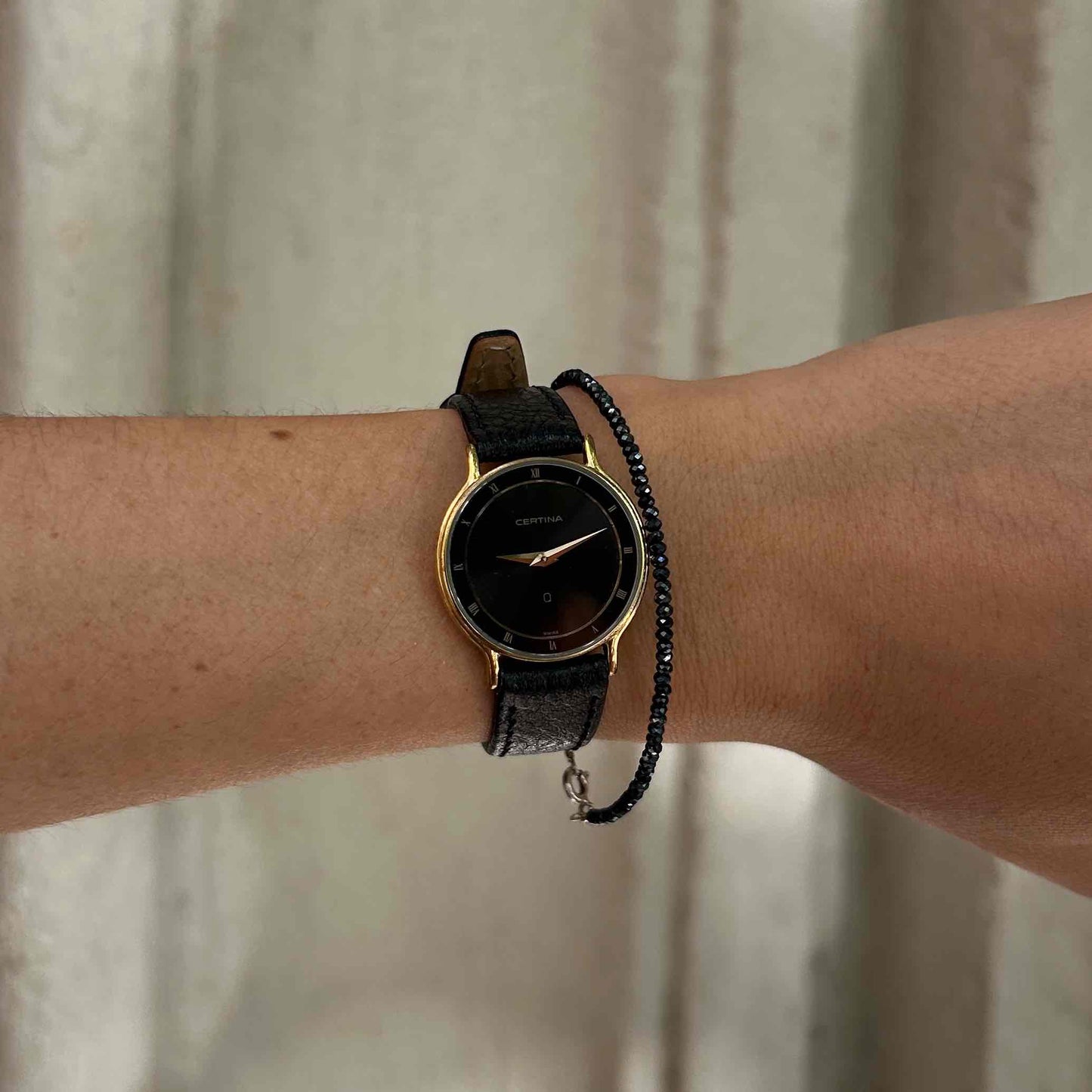Certina Vintage Watch: Ladies 90s Gold, Black Dial and Roman Numerals