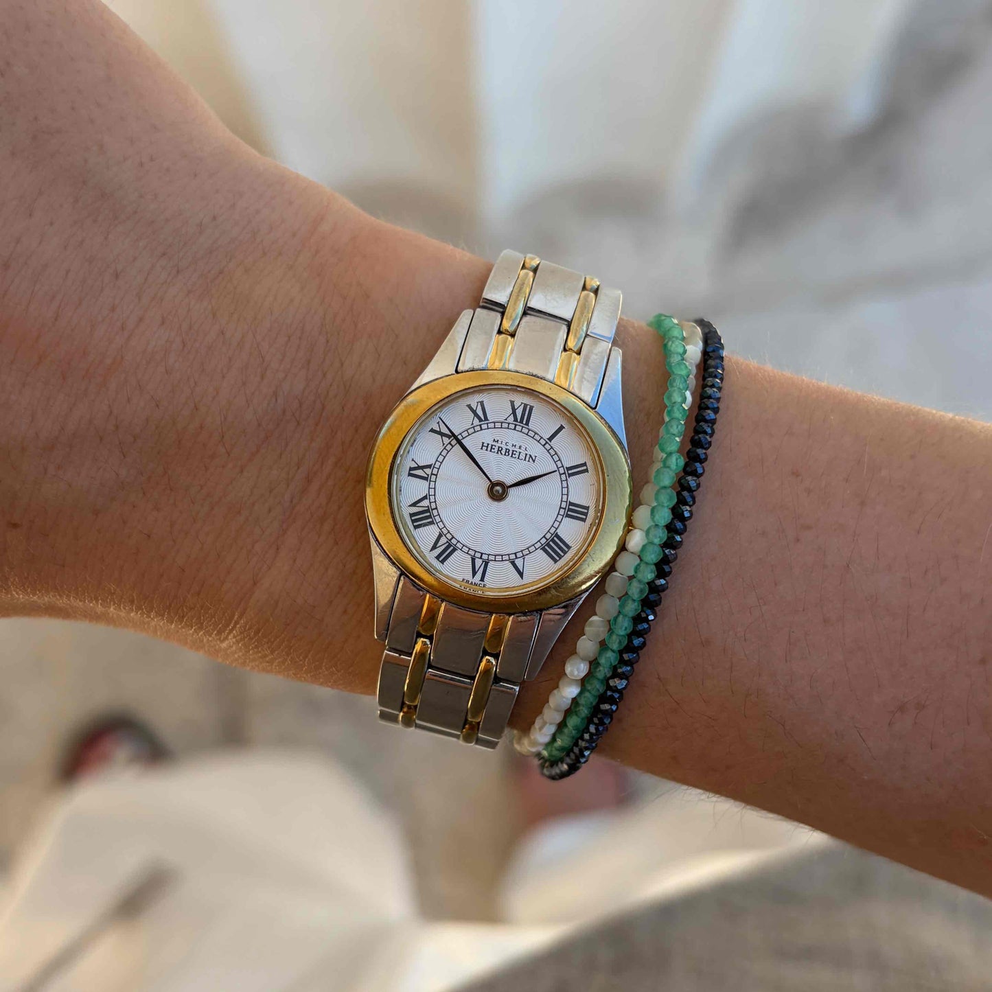 Michel Herbelin Watch: Ladies White Guilloche Dial 90s Gold Two-Tone