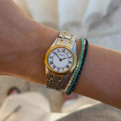 Michel Herbelin Watch: Ladies White Guilloche Dial 90s Gold Two-Tone
