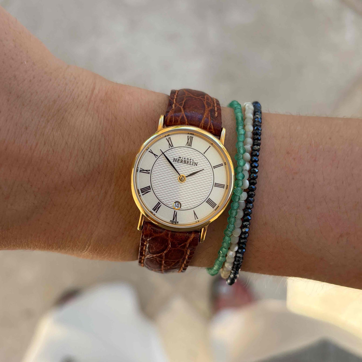 Michel Herbelin Watch: Ladies 90s Golden White Guilloche Dial - NOS