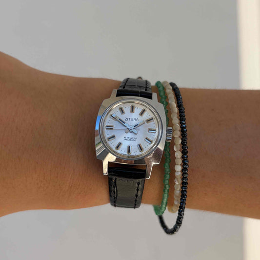 Zitura Dainty Watch: Ladies Cushion Case 70s Mechanical Sunburst Dial